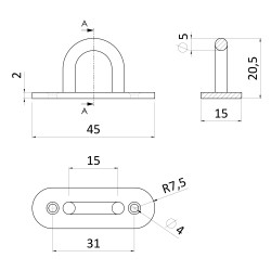 Nástenný úchyt lanka oválny,  obľúka 5 mm, brúsená AISI 304 Nástenný úchyt lanka oválny,  obľúka 5 mm, brúsená AISI 304